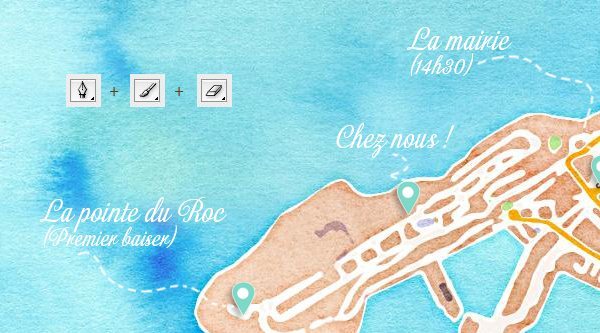 Illustration aquarellée d'un plan de mariage bleu et beige avec des annotations manuscrites et des icônes de dessin.