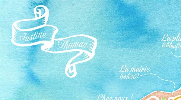 Illustration aquarellée bleue d'un plan de mariage avec un ruban blanc portant les prénoms Justine et Thomas.