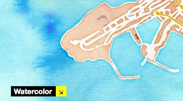 Plan stylisé d'une côte maritime réalisé à l'aquarelle dans des tons bleu et beige.