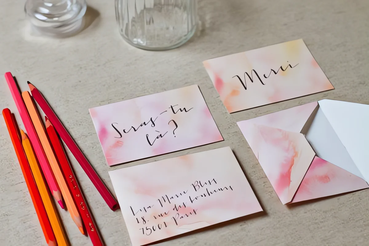 Papeterie de mariage faite main avec aquarelles roses et orangées, accompagnée de crayons de couleur.