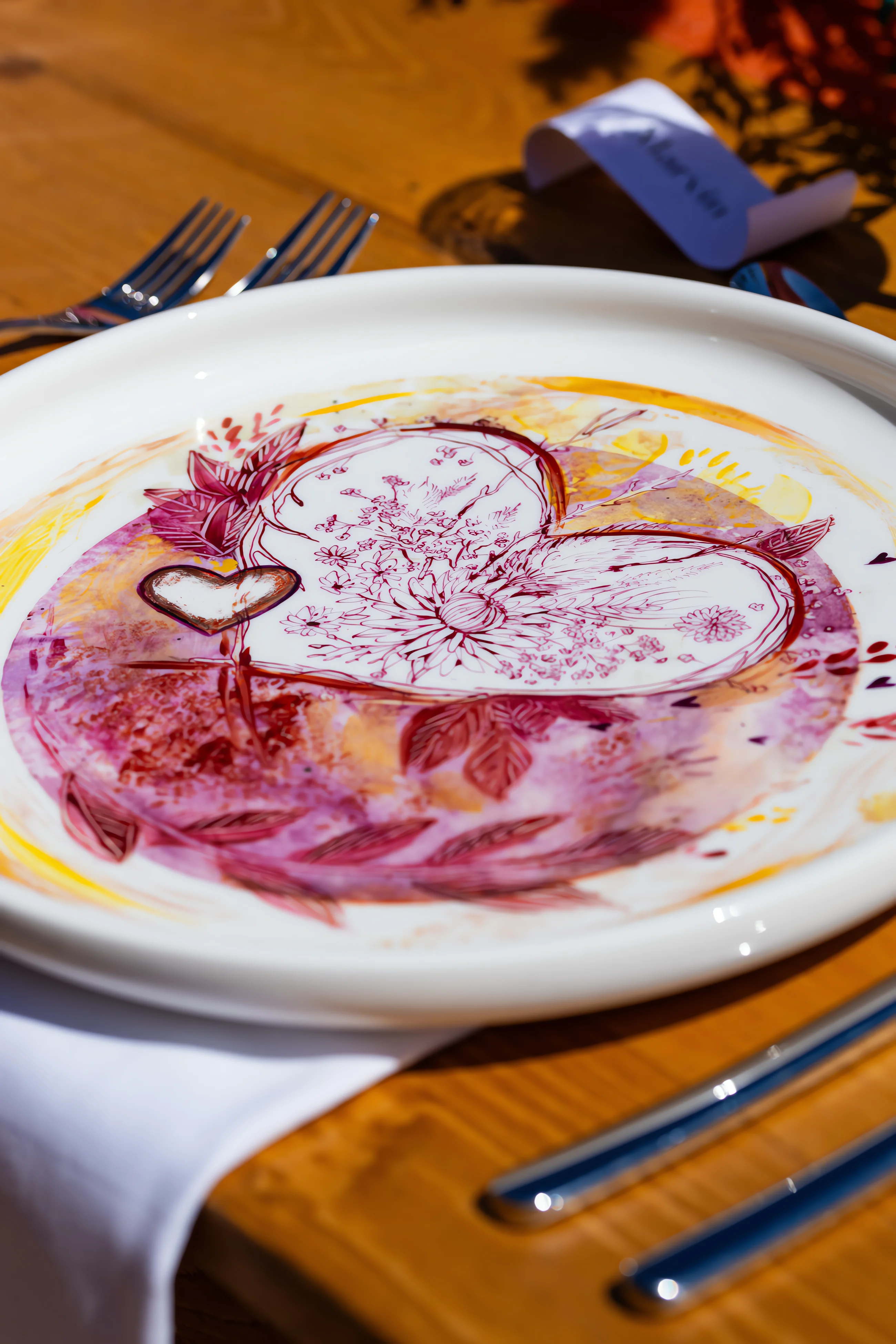 Assiette blanche décorée d'un cœur artistique aux tons pourpres et dorés, posée sur une table en bois.