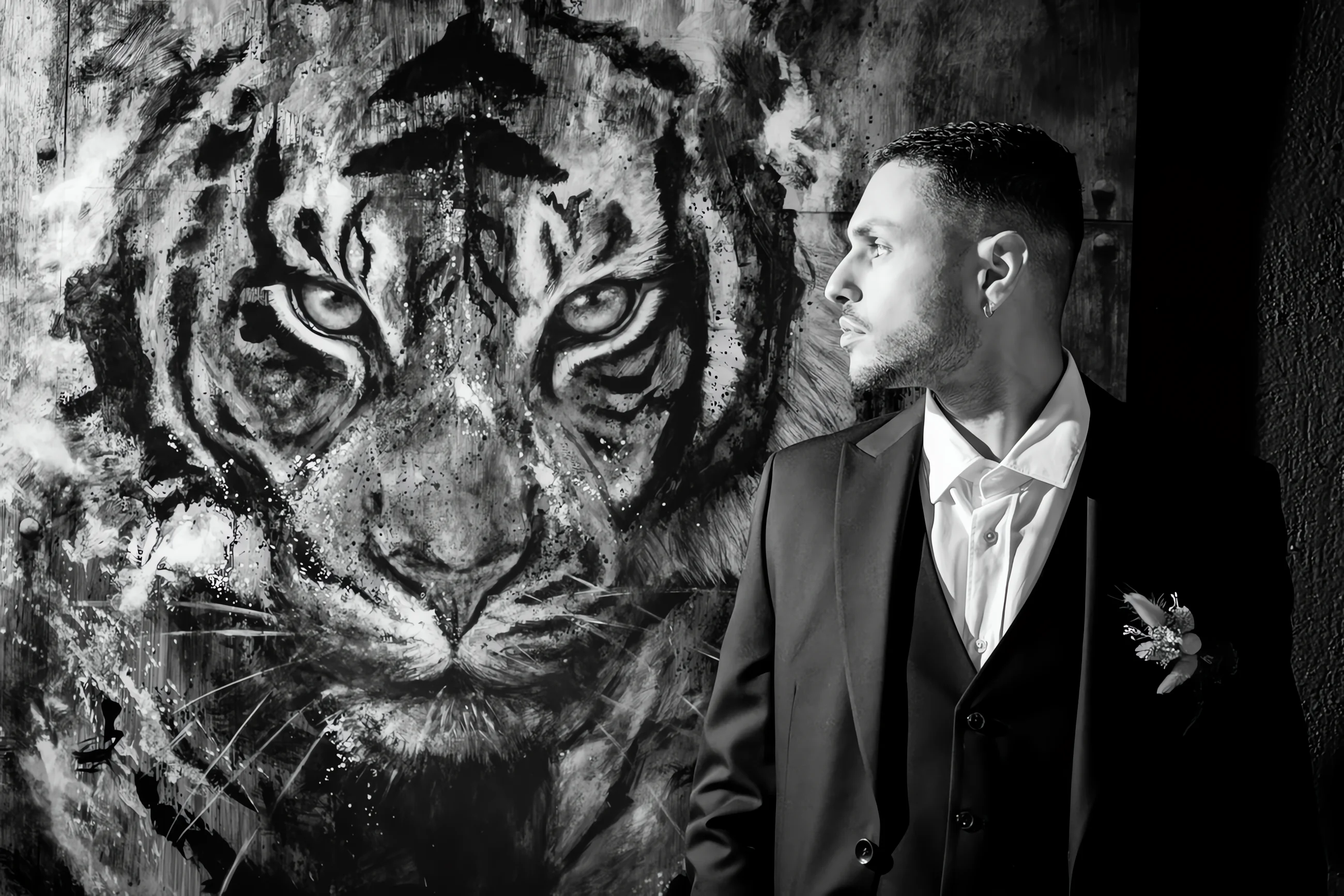 Homme en costume sombre posant de profil devant une fresque de tigre en noir et blanc au style street art.