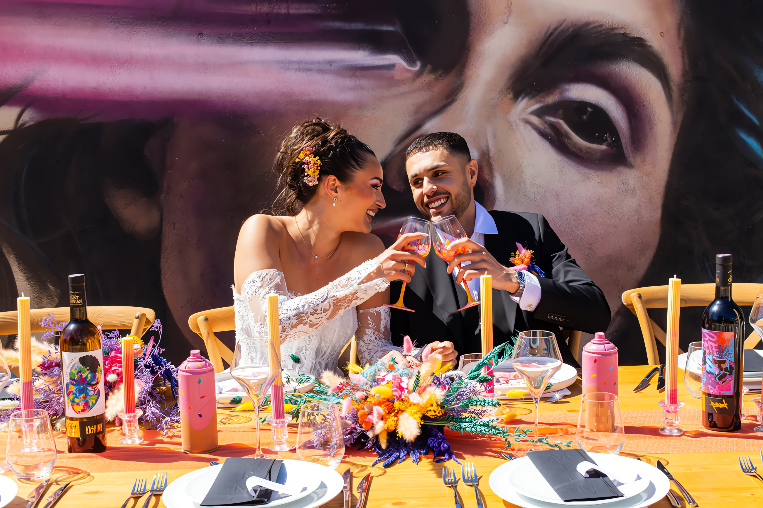 Jeunes mariés trinquant devant un mur de street art coloré lors d'un dîner festif et moderne.