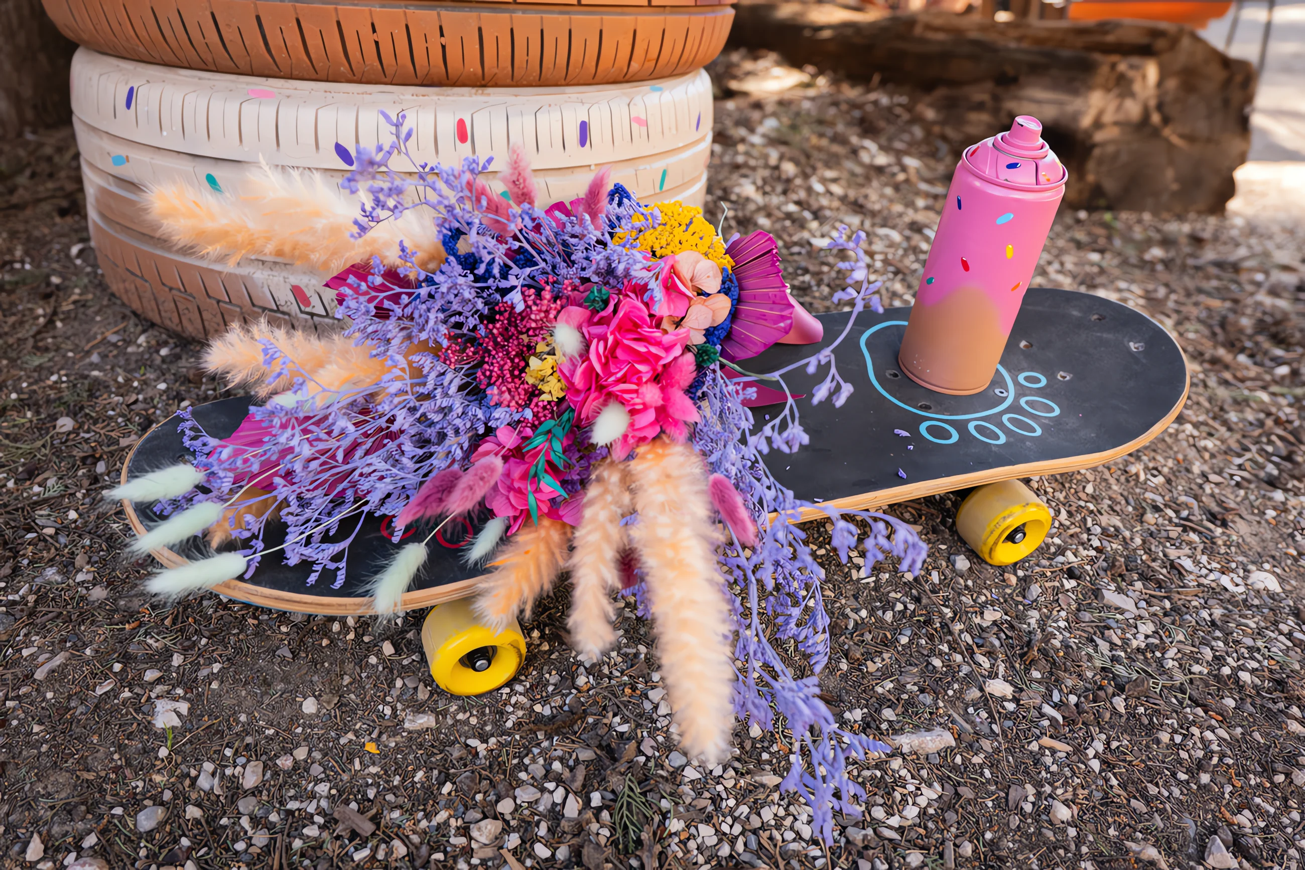 Bouquet de fleurs colorées et gourmandise posés sur un skateboard noir, devant des pneus peints en blanc et orange.