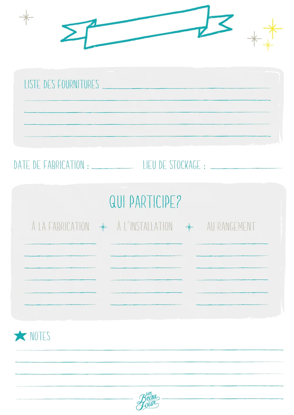 Fiche d'organisation bleu turquoise et blanche avec ruban, listes et sections pour notes sur fond clair.