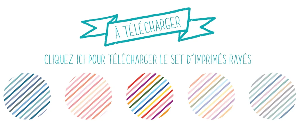 Bannière turquoise À Télécharger avec cinq cercles de motifs rayés multicolores sur fond blanc.