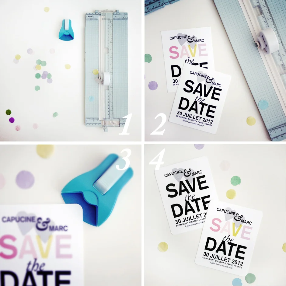 Montage de quatre photos montrant la création de cartes Save the Date colorées avec du matériel de papeterie.