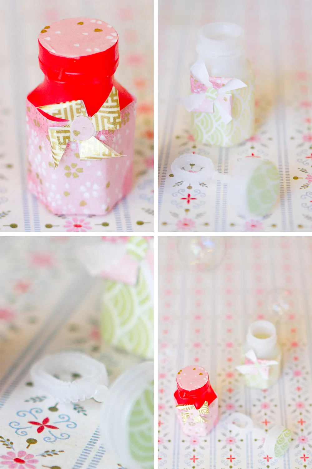 Petits flacons de bulles de savon décorés de papier rose et blanc avec des nœuds, sur un fond pastel et floral.