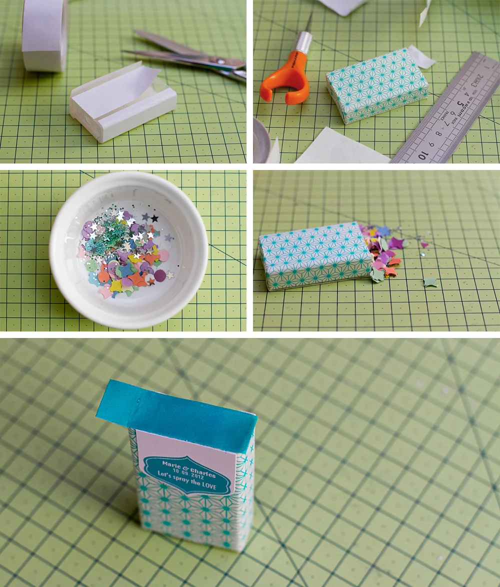 Étapes de fabrication de petits sachets de paillettes personnalisés pour un mariage, sur un tapis de découpe vert.