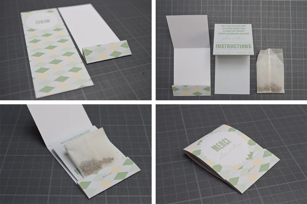 Quatre étapes de création d'une carte de remerciement originale contenant un sachet de graines, aux tons blanc et vert.