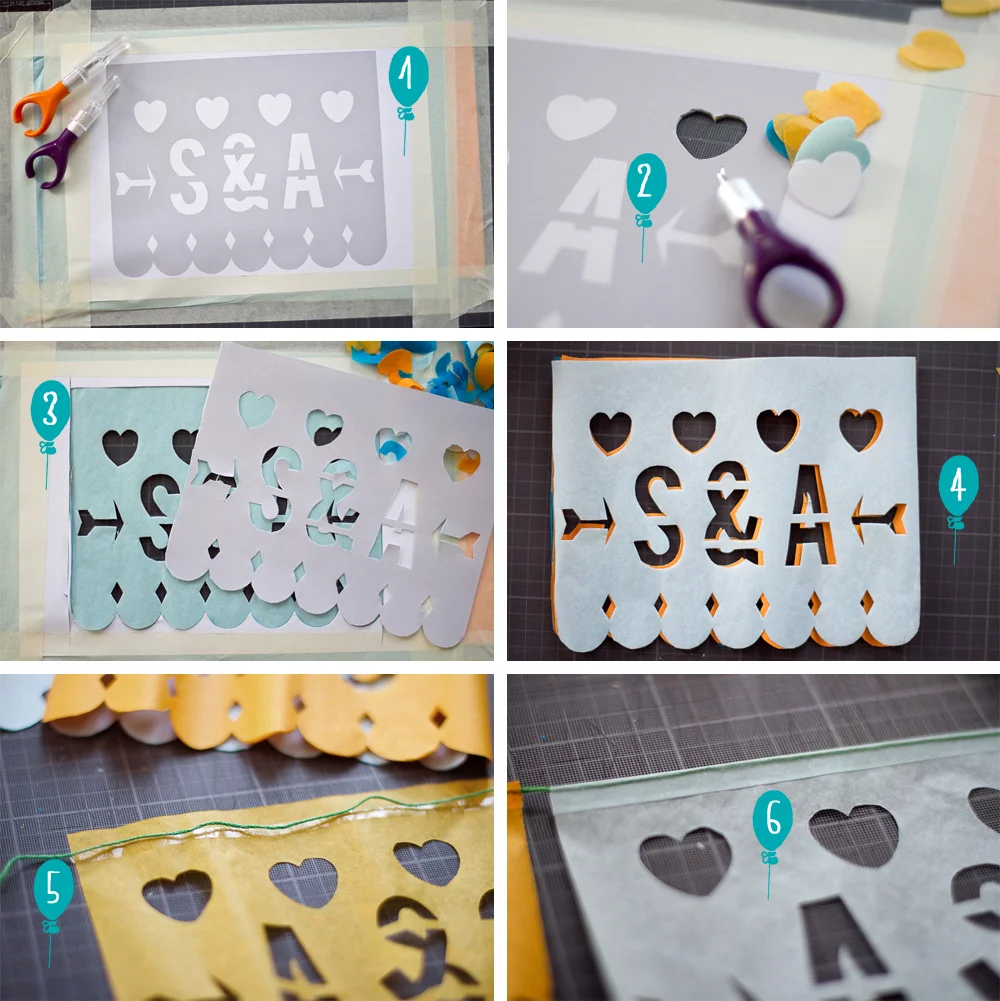 Étapes de création d'une guirlande en papel picado blanc avec des cœurs et des initiales découpées.