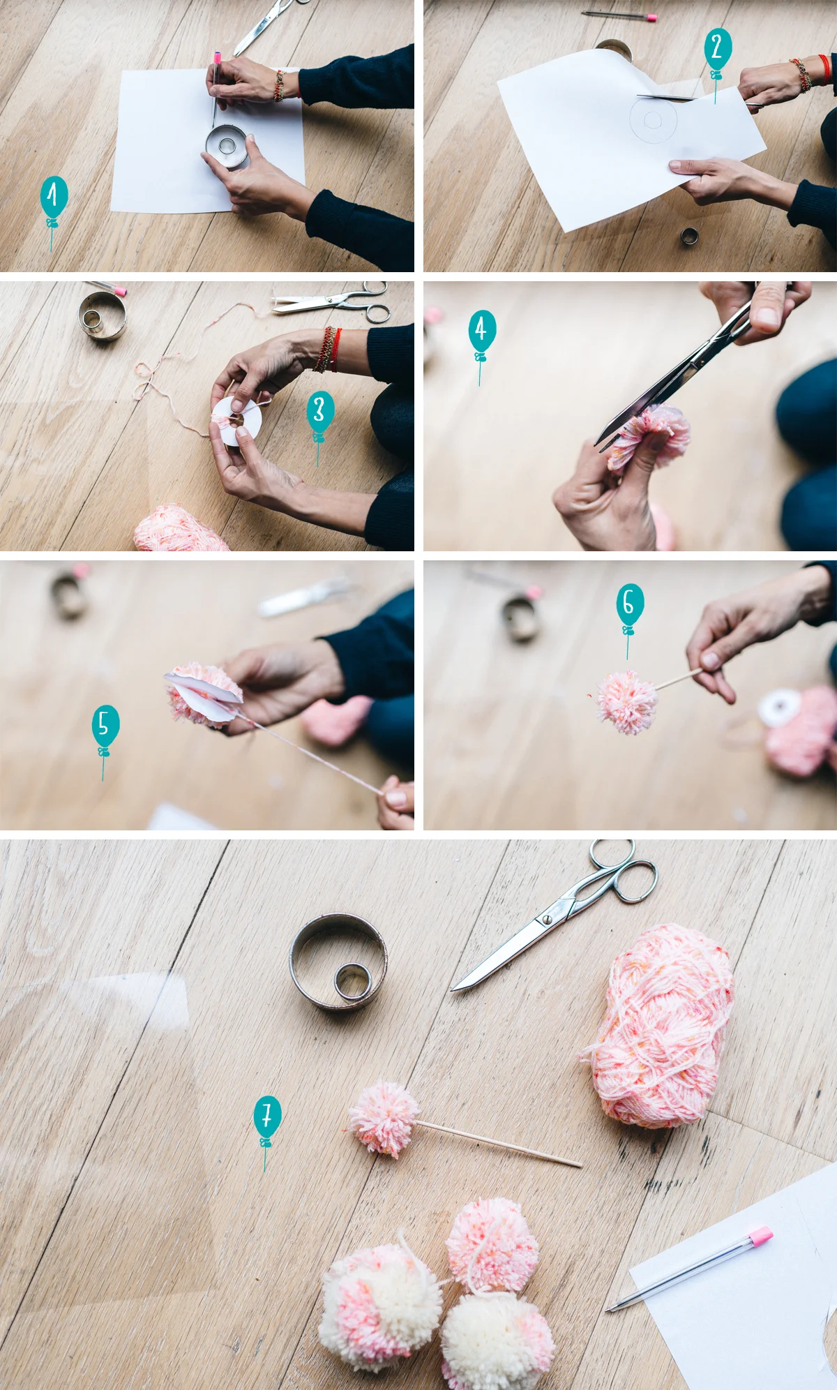 Tutoriel étape par étape pour créer des pompons roses et blancs en papier pour une décoration de mariage.