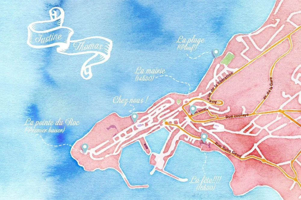Plan de ville aquarellé dans les tons bleu et rose, illustrant des lieux symboliques pour un mariage.