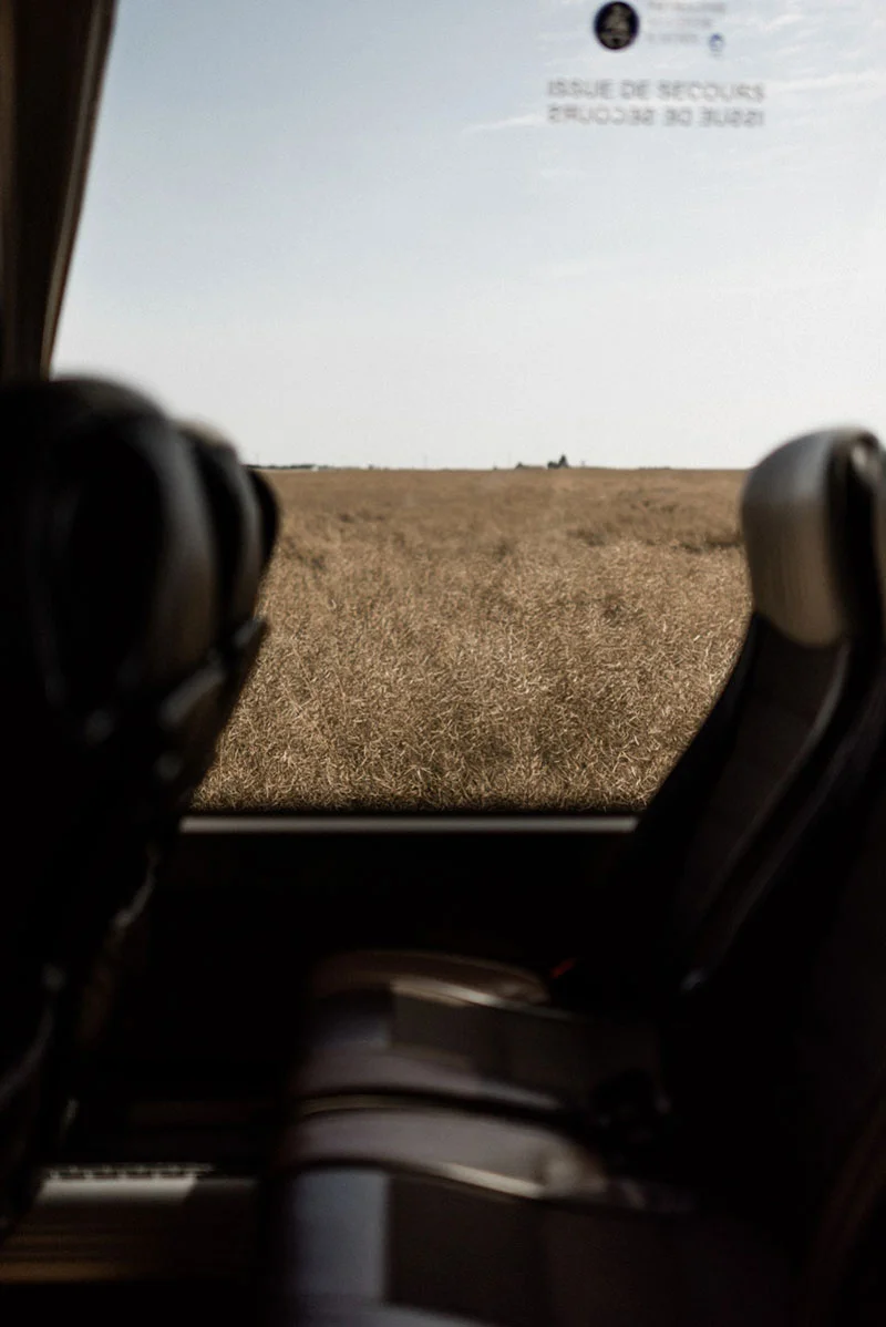 Vue depuis l'intérieur d'une voiture sur un vaste champ doré sous un ciel clair.