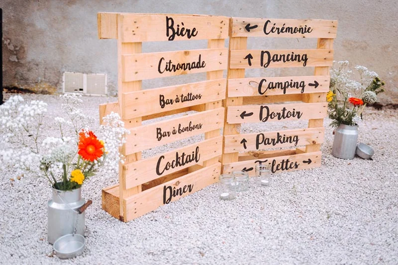 Panneau directionnel rustique en palettes de bois clair avec calligraphie noire, entouré de fleurs blanches et oranges.