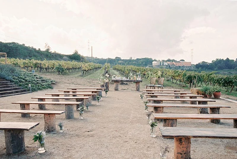 Cérémonie de mariage en plein air avec bancs en bois rustiques dans un vignoble sous un ciel clair.