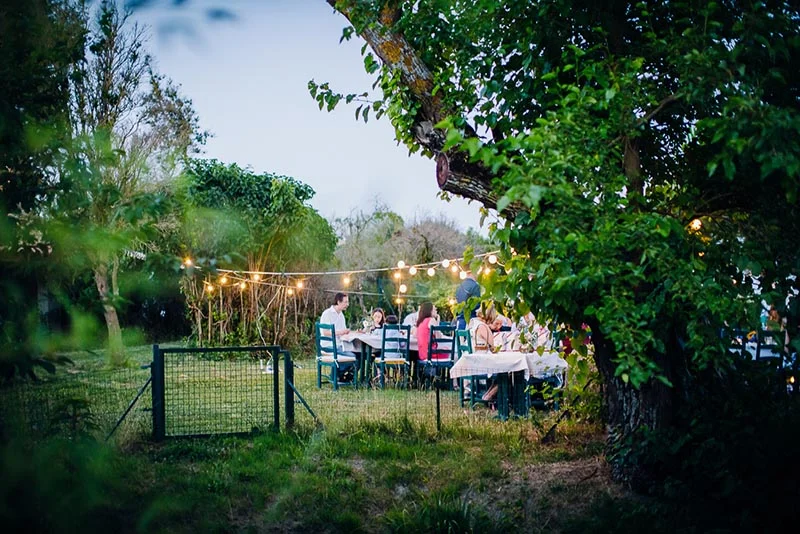 Dîner convivial en plein air sous des guirlandes lumineuses et un grand arbre pour le mariage de Virginie et Stéphane.