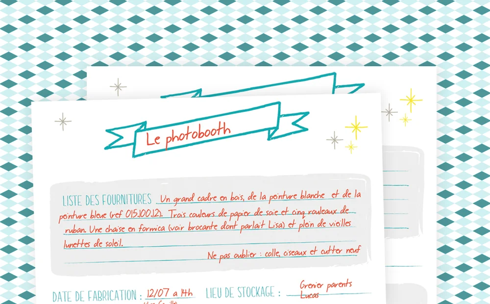 Fiches d'organisation blanches avec texte manuscrit bleu et rouge sur un fond géométrique turquoise et blanc.