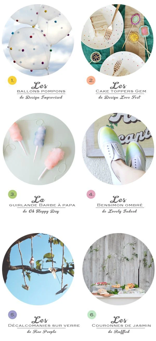 Six idées de DIY créatifs pour mariage : ballons, cake toppers, barbe à papa, chaussures ombrées et décorations florales.