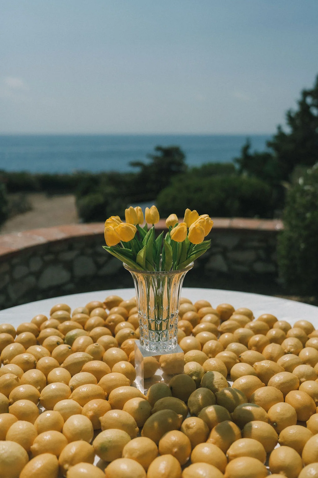 Un vase de tulipes jaunes posé sur un lit de citrons, avec vue sur la mer Méditerranée en arrière-plan.