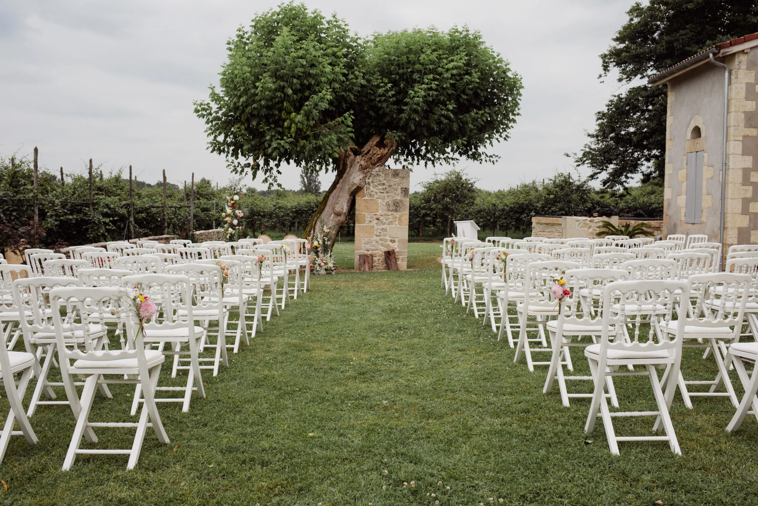 Cérémonie de mariage en plein air avec chaises blanches et fleurs pastel sous un grand arbre et un mur en pierre.