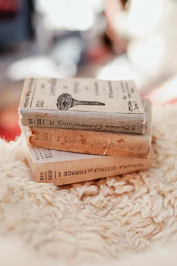 Pile de vieux livres botaniques aux tons beiges posée sur un tapis en laine blanche, ambiance champêtre et authentique.