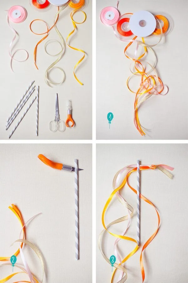 Créez des baguettes de cérémonie colorées et décoratives avec des papiers à ruban et des piques.