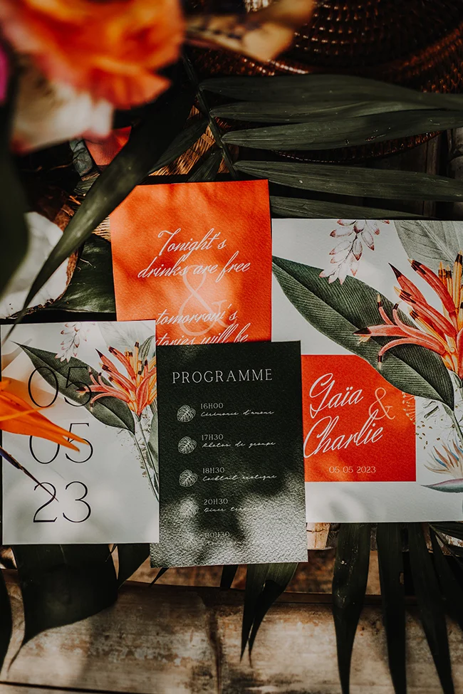 Un programme de mariage exotique avec des fleurs vibrantes et une atmosphère raffinée.