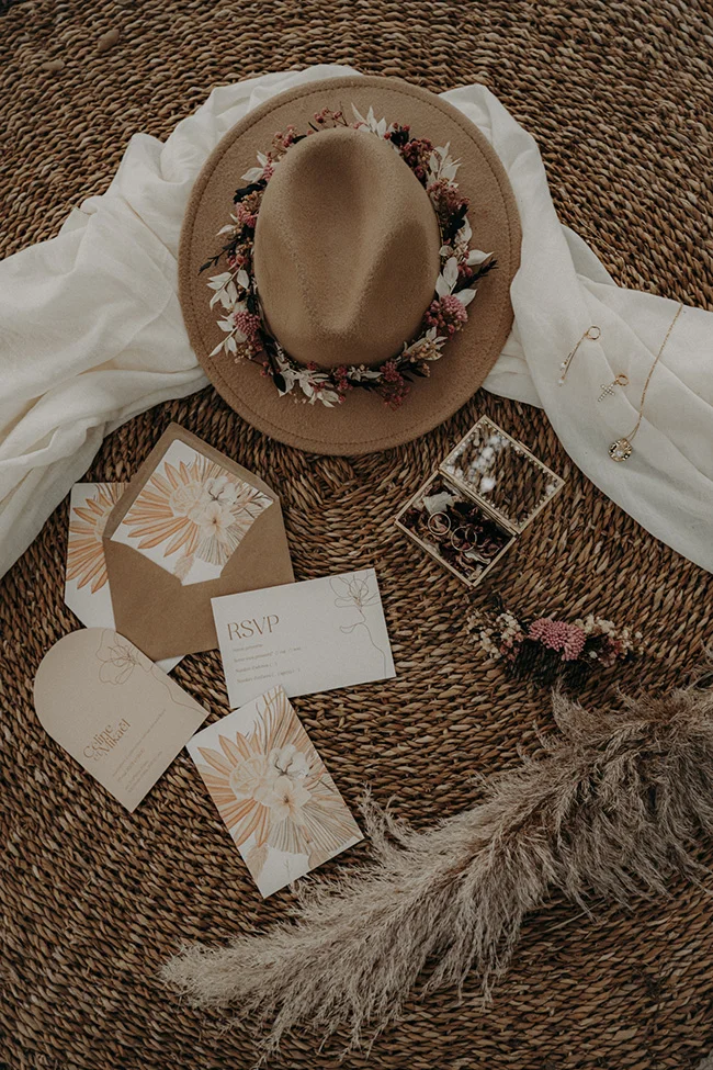 Un panier de mariage boho avec un chapeau beige orné de fleurs et de brins de plumes, accompagné de cartes d'invitation