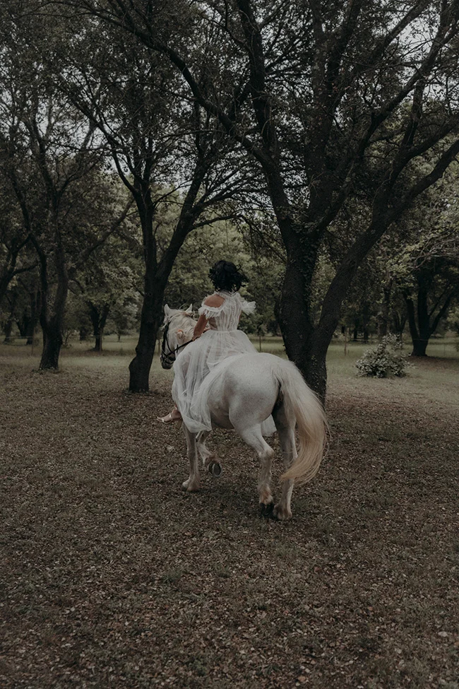 Une jeune mariée dans une robe blanche légère monte sur un cheval blanc dans un parc verdoyant, incarnant l'élégance et