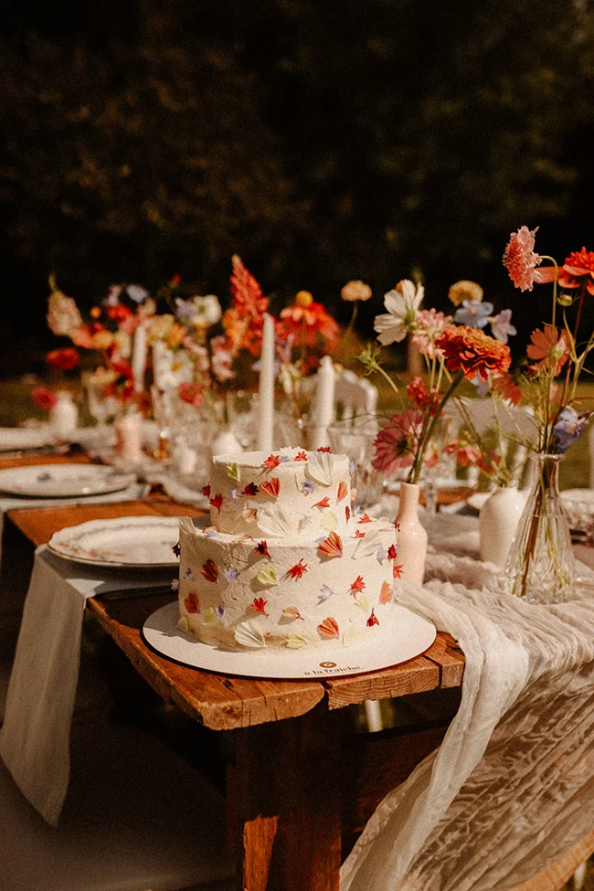 Un mariage intime, légère et colorée, avec un gâteau décoré de papillons et des fleurs vives en arrière-plan.