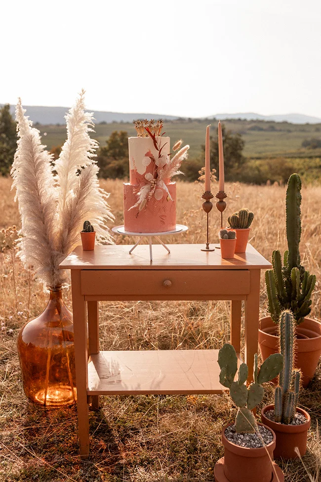 Tableau romantique avec un gâteau à deux étages orné de plumes blanches et de fleurs, entouré de cactus et de vases