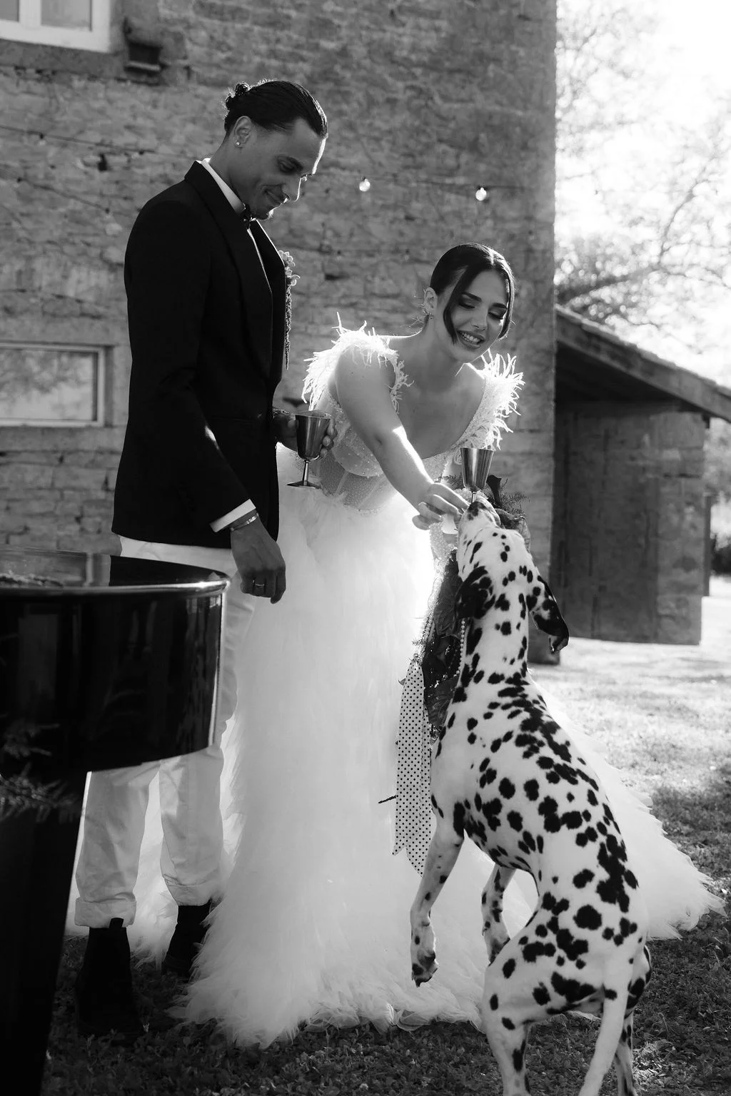 Couple de mariés en noir et blanc s'amusant avec un dalmatien devant un mur en pierre.
