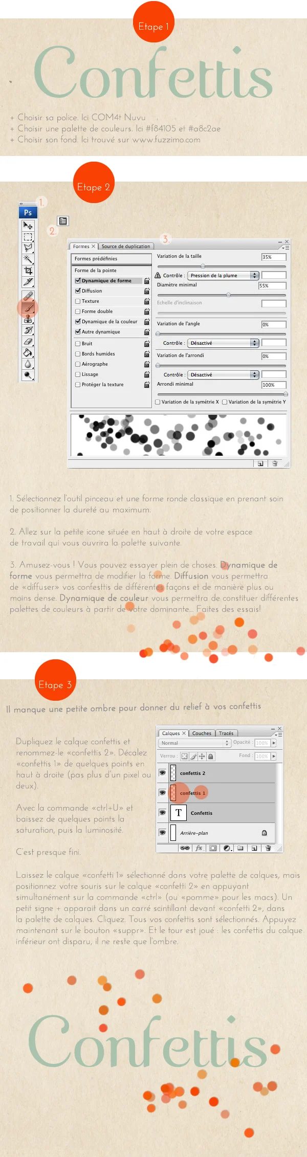 Tutoriel Photoshop illustré sur fond beige pour créer des confettis colorés avec des captures d'écran et du texte.