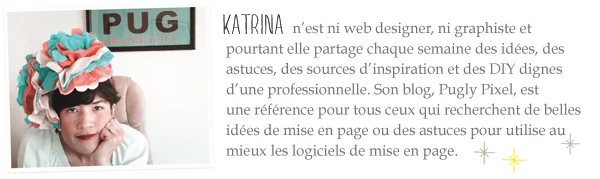Portrait d'une femme portant un volumineux chouchou coloré, à côté d'un texte de présentation sur fond blanc.