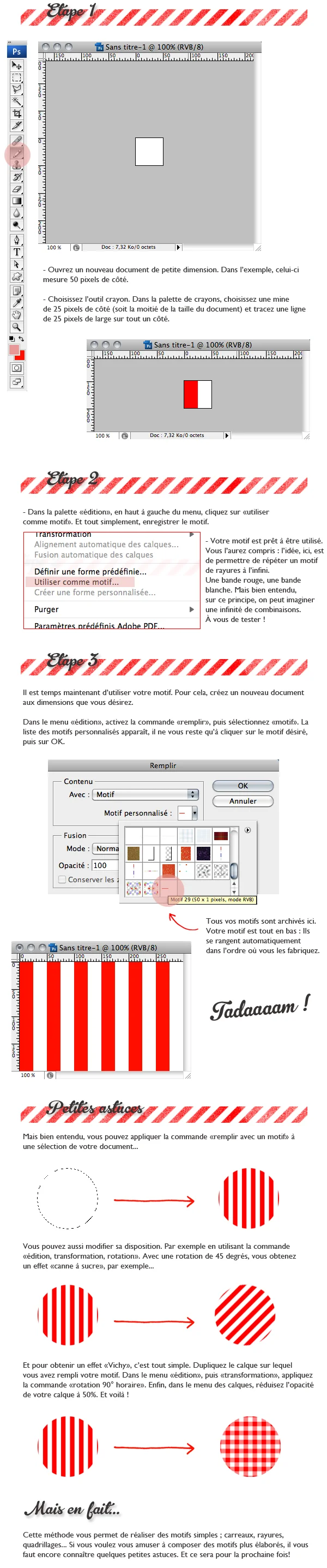 Tutoriel Photoshop étape par étape pour créer des motifs personnalisés avec des captures d'écran et des instructions.