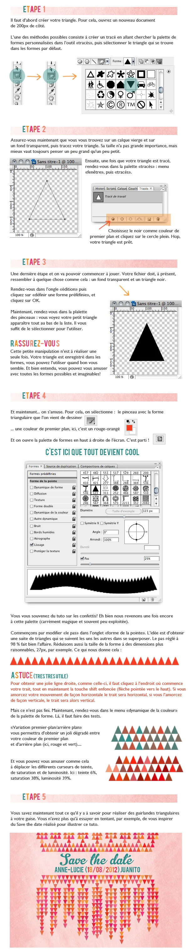 Tutoriel Photoshop étape par étape pour créer des triangles et des guirlandes colorées sur fond blanc.