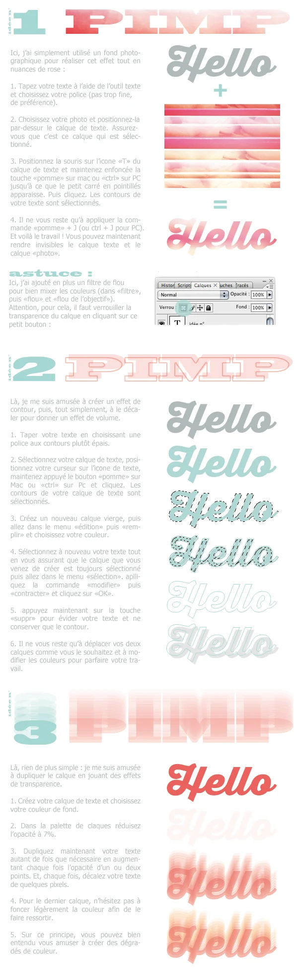 Tutoriel graphique sur fond blanc présentant des exemples de textes Hello stylisés en dégradés de rose et blanc.