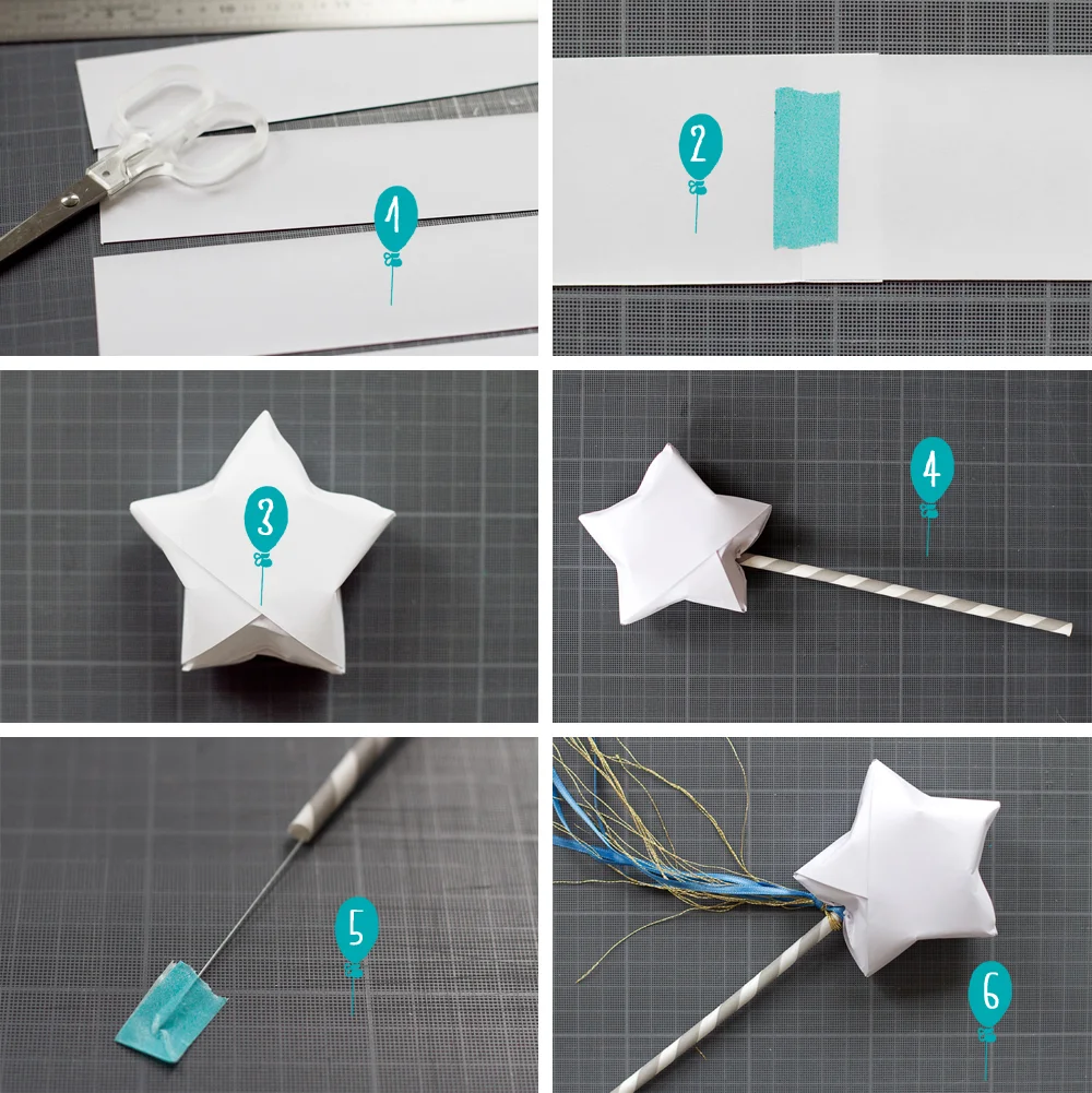 Tutoriel en six étapes pour fabriquer une baguette magique avec une étoile en papier blanc et une tige rayée.