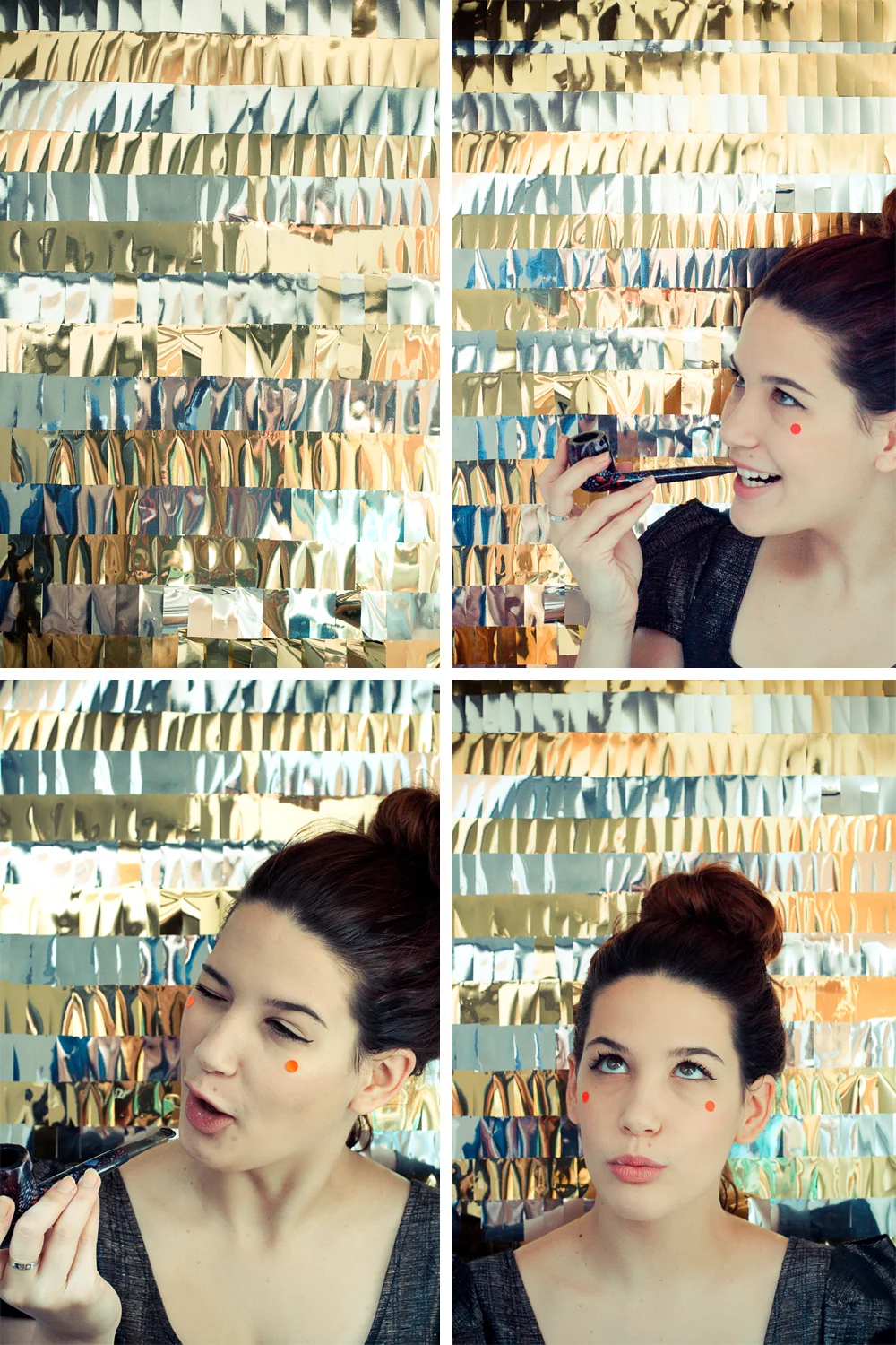 Triptyque d'une femme s'amusant devant un fond scintillant doré pour un photobooth festif.