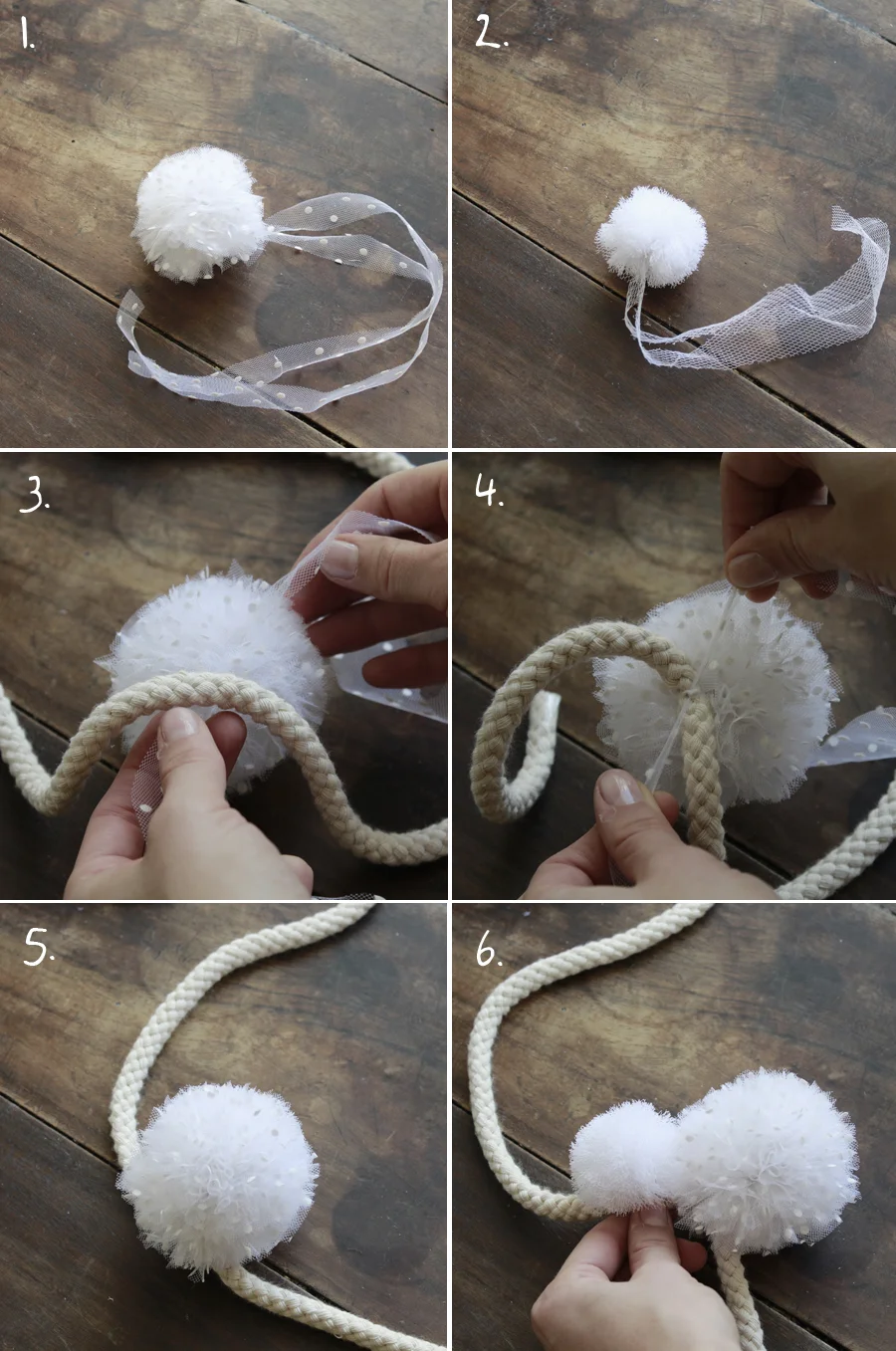 Tutoriel en six étapes pour fixer un pompon blanc avec un ruban sur une cordelette beige.