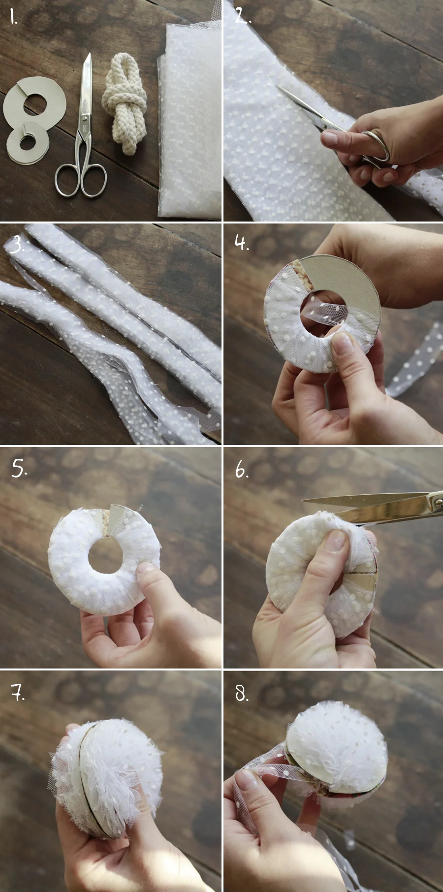Tutoriel étape par étape pour créer un headband en tulle blanc avec du papier bulle et des ciseaux.