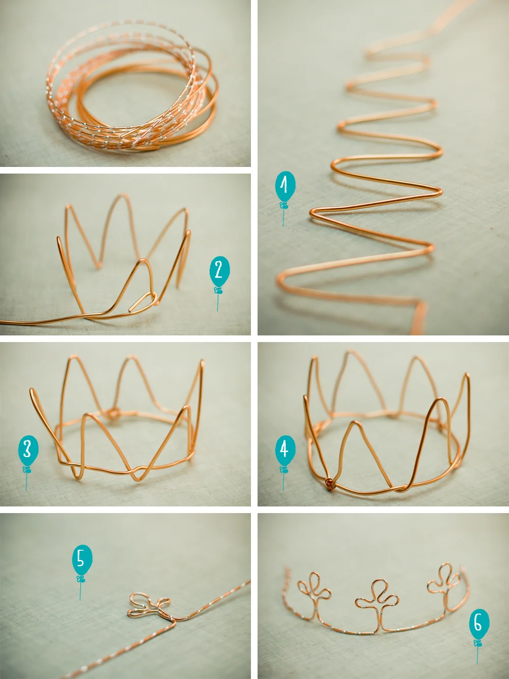 Tutoriel en six étapes pour fabriquer une couronne décorative en fil de cuivre doré sur fond clair.