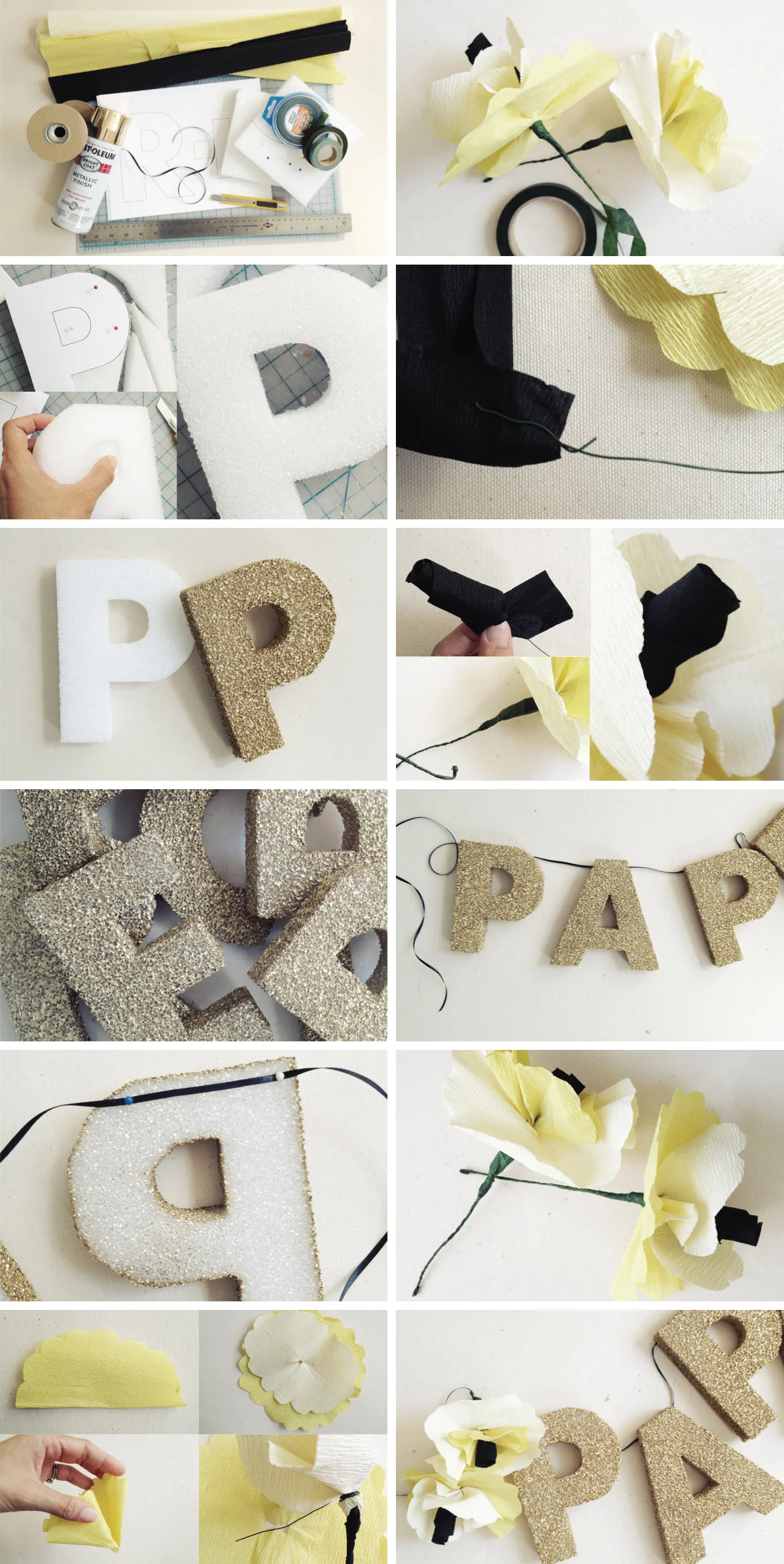 Étapes de fabrication de lettres décoratives scintillantes et de fleurs en papier blanc et jaune.