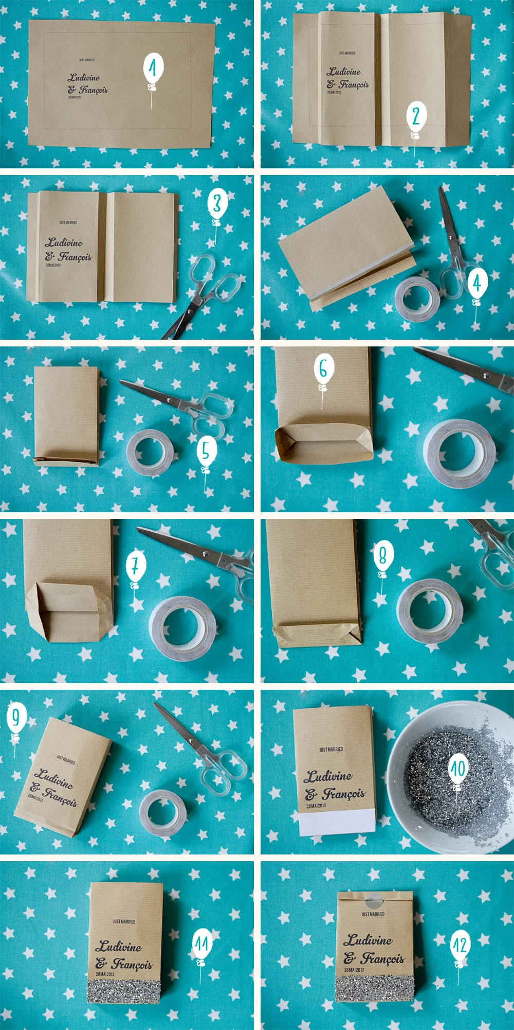 Tutoriel étape par étape pour fabriquer des sachets en papier kraft sur un fond bleu à étoiles blanches.