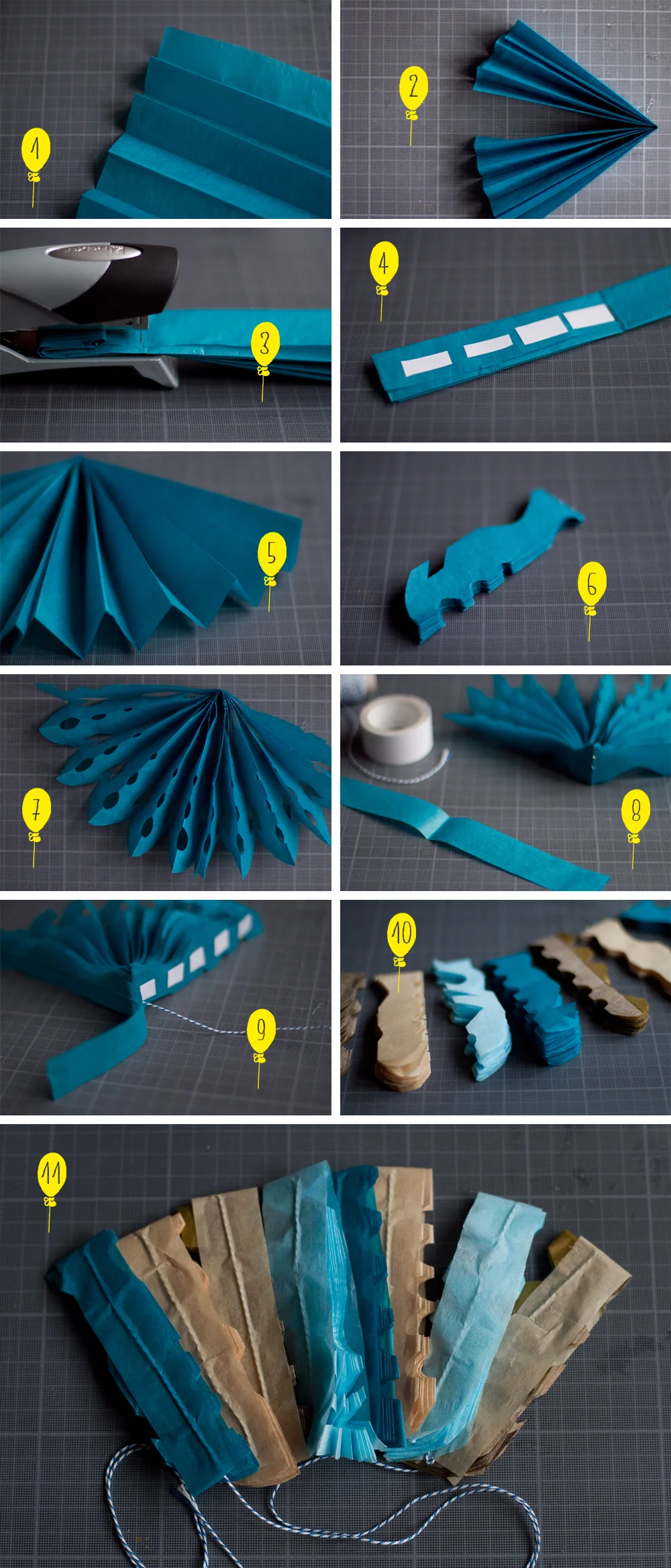 Tutoriel étape par étape pour créer des dentelles de papier bleu et beige pliées et découpées.