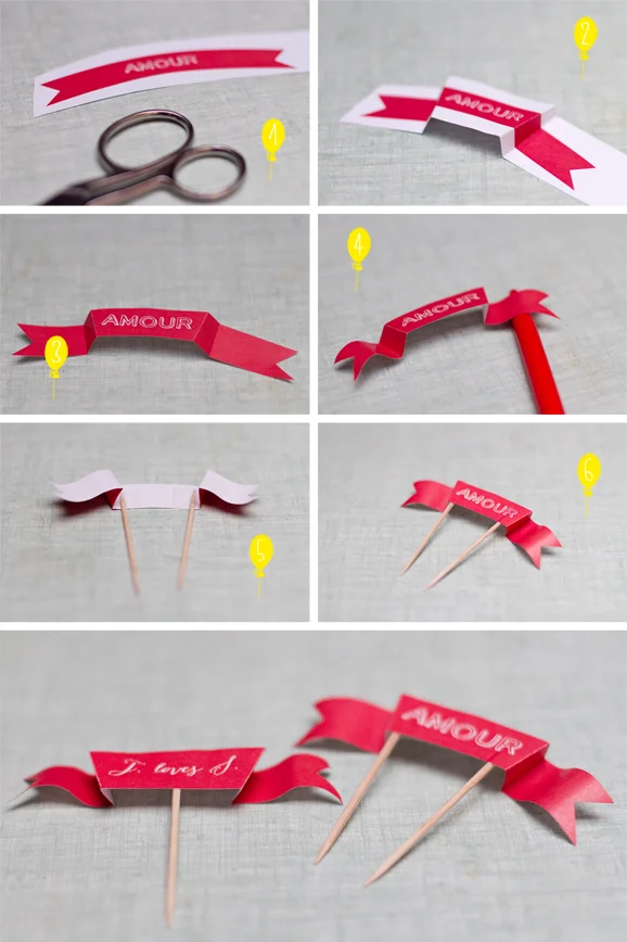 Tutoriel étape par étape pour créer des mini-banderoles rouges et blanches avec l'inscription Amour.