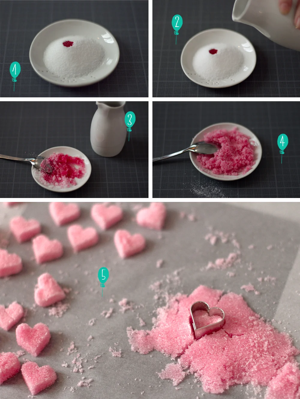 Étapes de fabrication de sucres roses en forme de cœur pour un mariage, présentées en cinq photos successives.