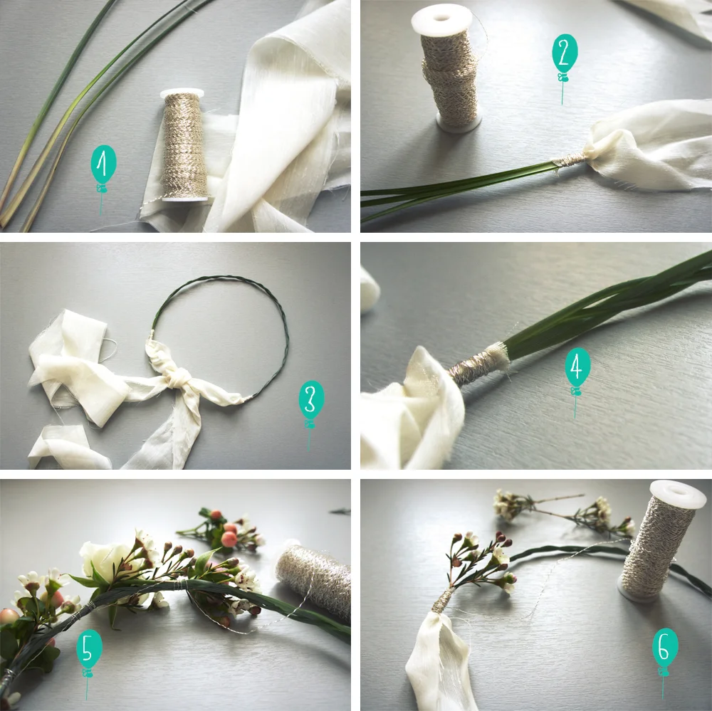 Six étapes illustrées pour créer une couronne de fleurs avec du ruban blanc, de la ficelle et des tiges vertes.