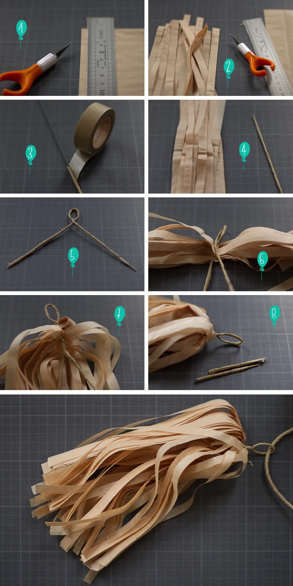 Tutoriel étape par étape pour fabriquer un gland décoratif en rubans de papier beige sur fond gris.